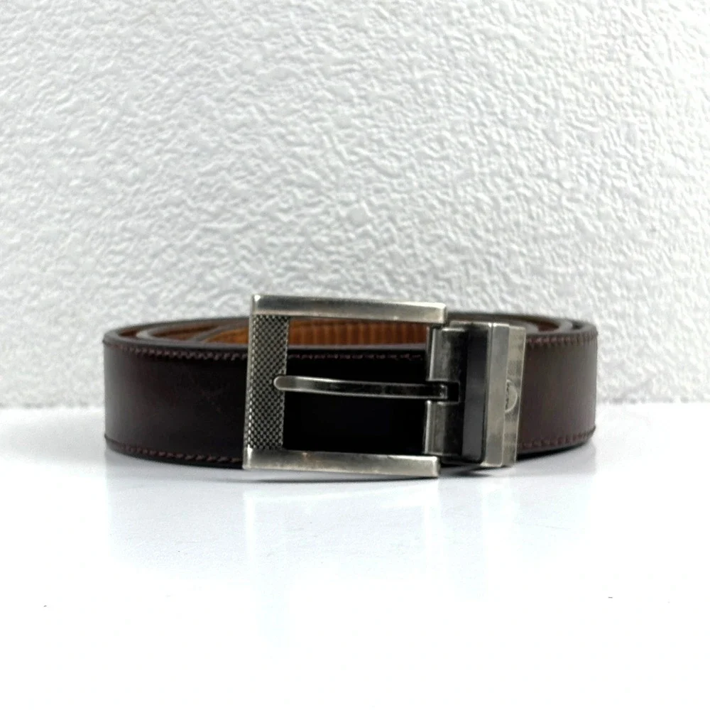 Boconi Leather Belt Mens 40 Brown Reversible Textured Silver Buckle Classic